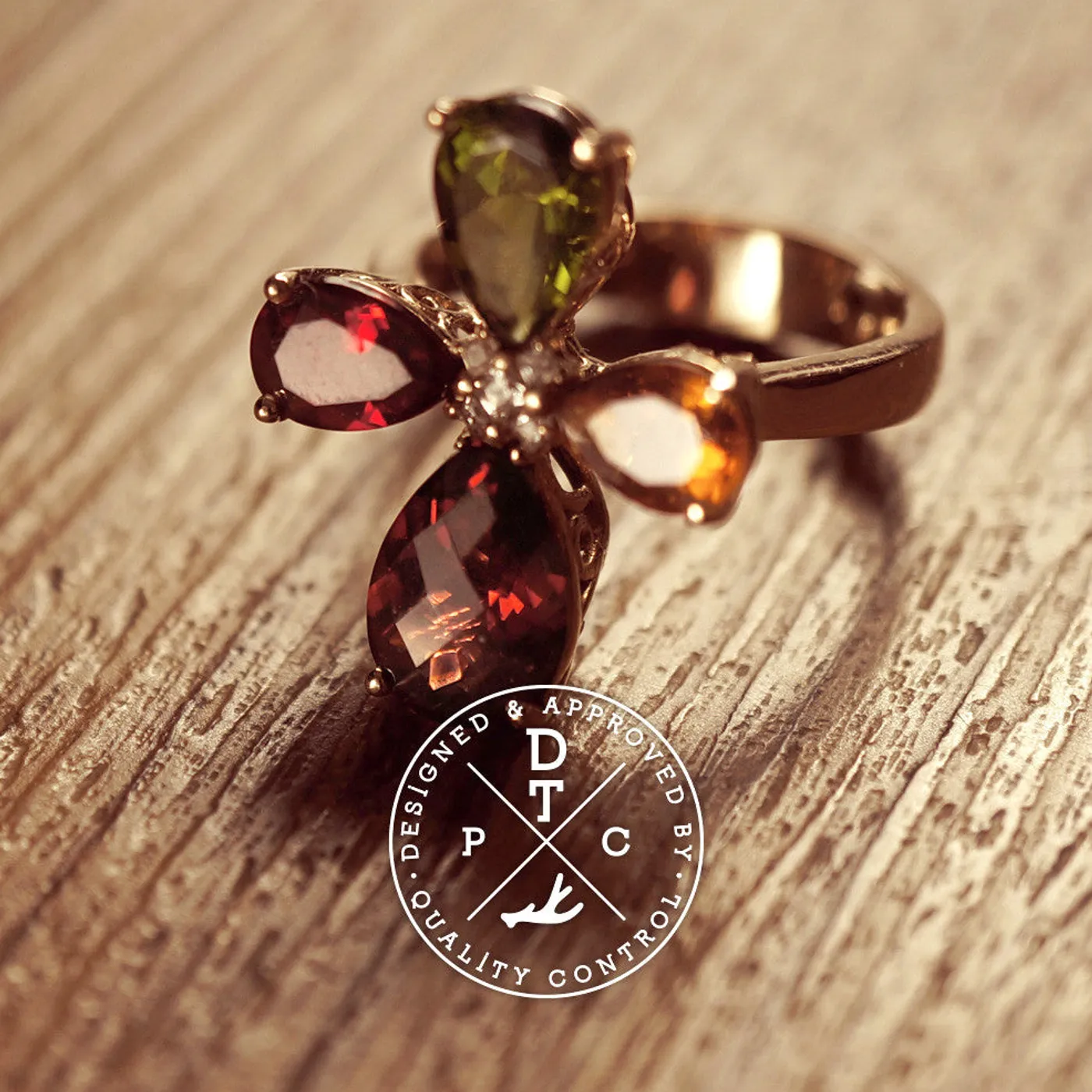 18k Rose Gold Ring with Precious Stones (Clover) — view 2