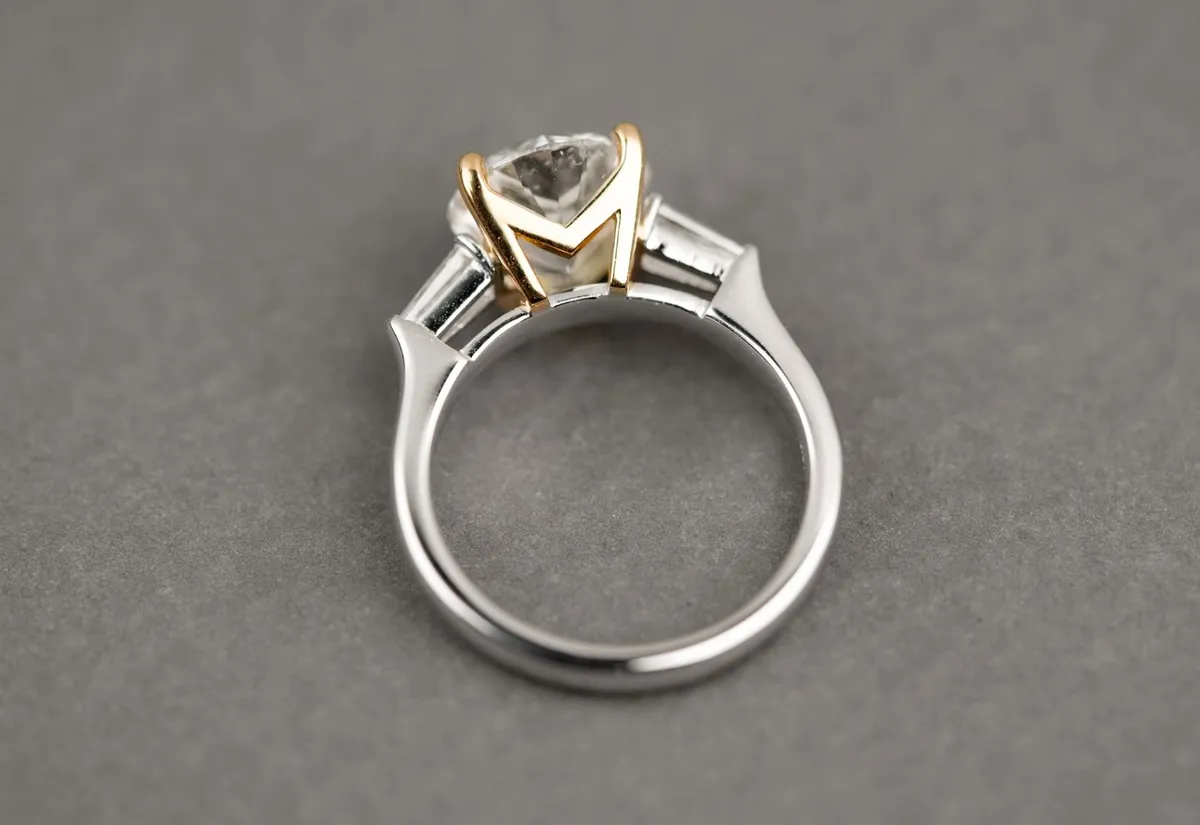 Platinum mix yellow gold ring with 3 carat Diamond and baguette at side — 2