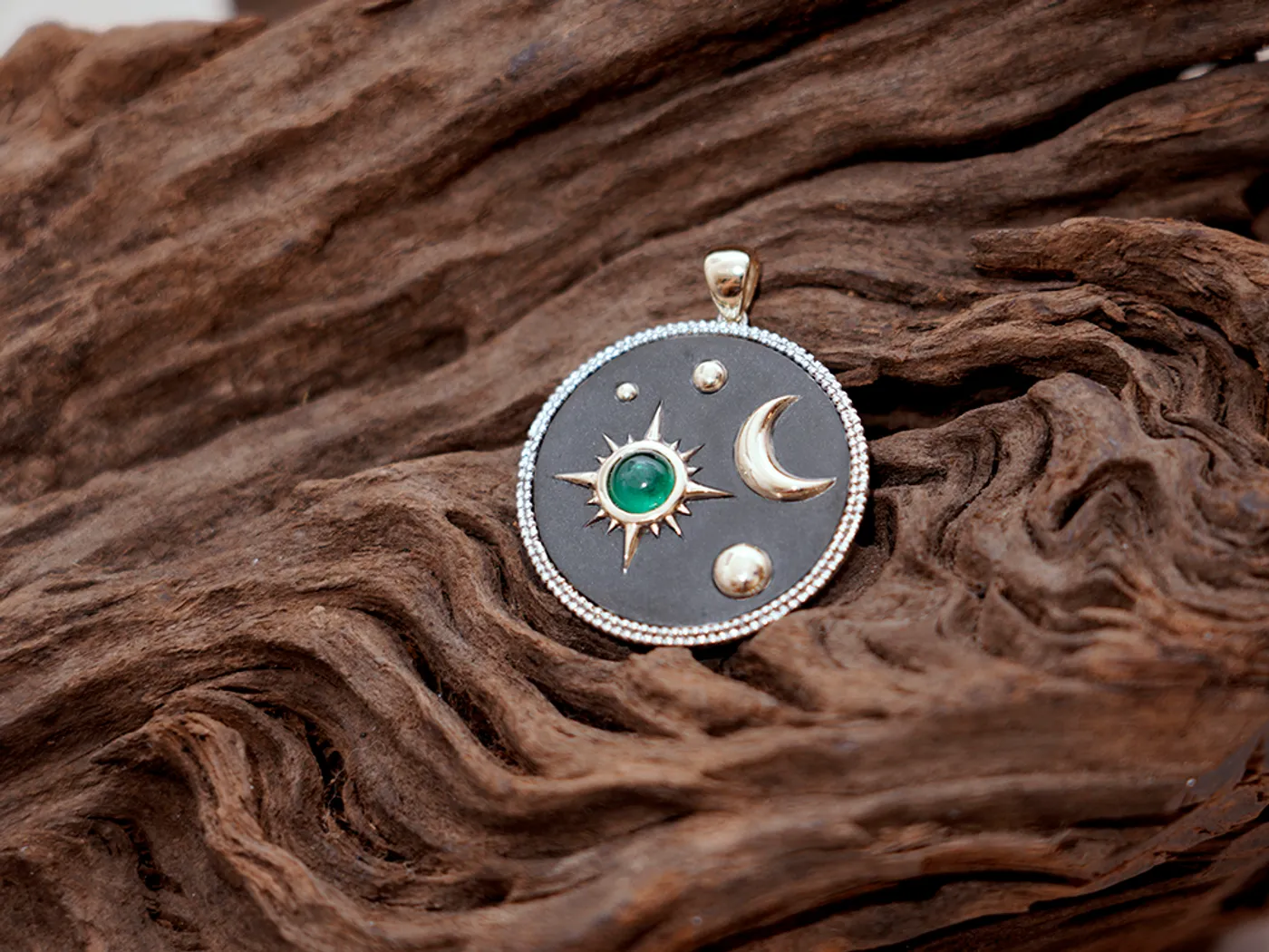 18k White & Yellow Gold Pendant (Night Sky with Emerald) — view 2