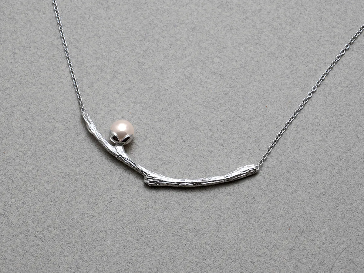 925 Silver Necklace with Pearl (Tree Bark) — 1