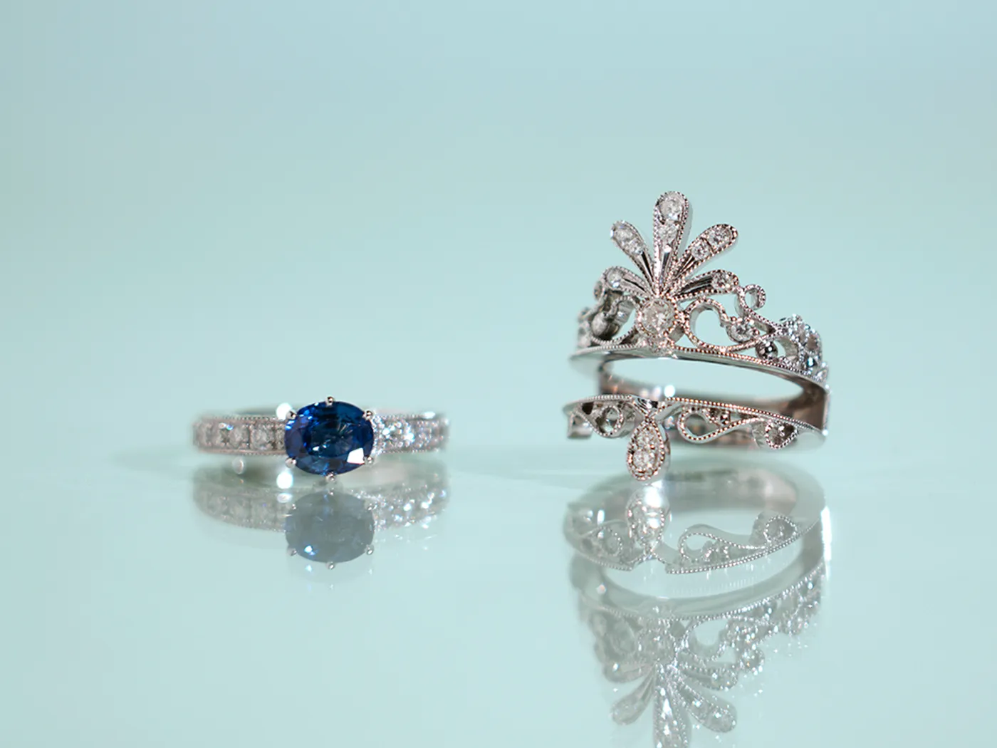 18k White Gold Sapphire Diamond Ring Set (Belgium Style) — view 5