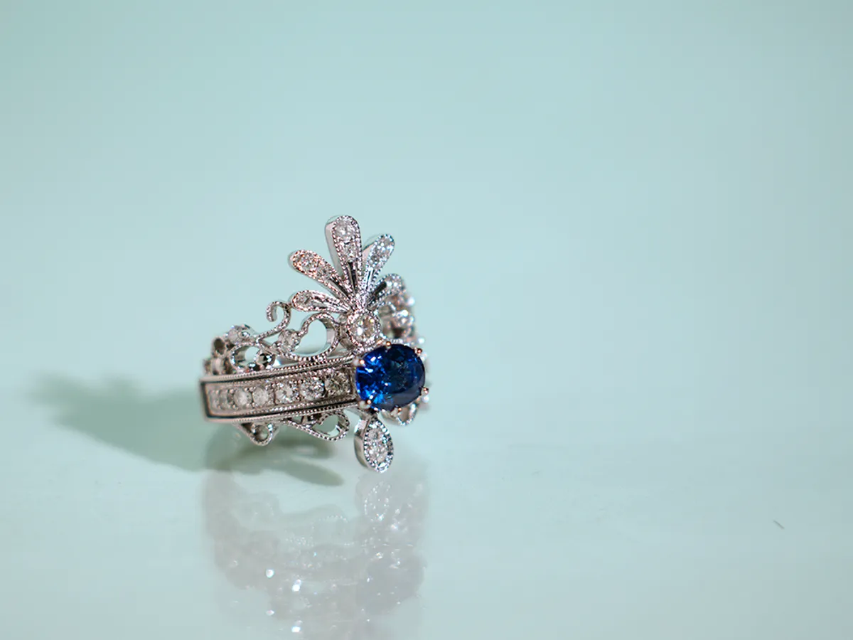 18k White Gold Sapphire Diamond Ring Set (Belgium Style) — 4