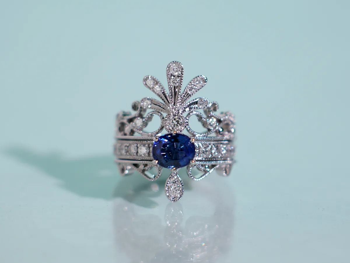 18k White Gold Sapphire Diamond Ring Set (Belgium Style) — 3