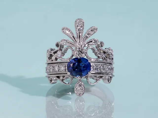 18k White Gold Sapphire Diamond Ring Set (Belgium Style)